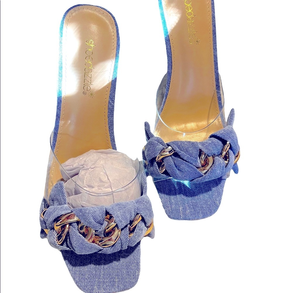 Denim pumps, sandals. Dress these up or down.